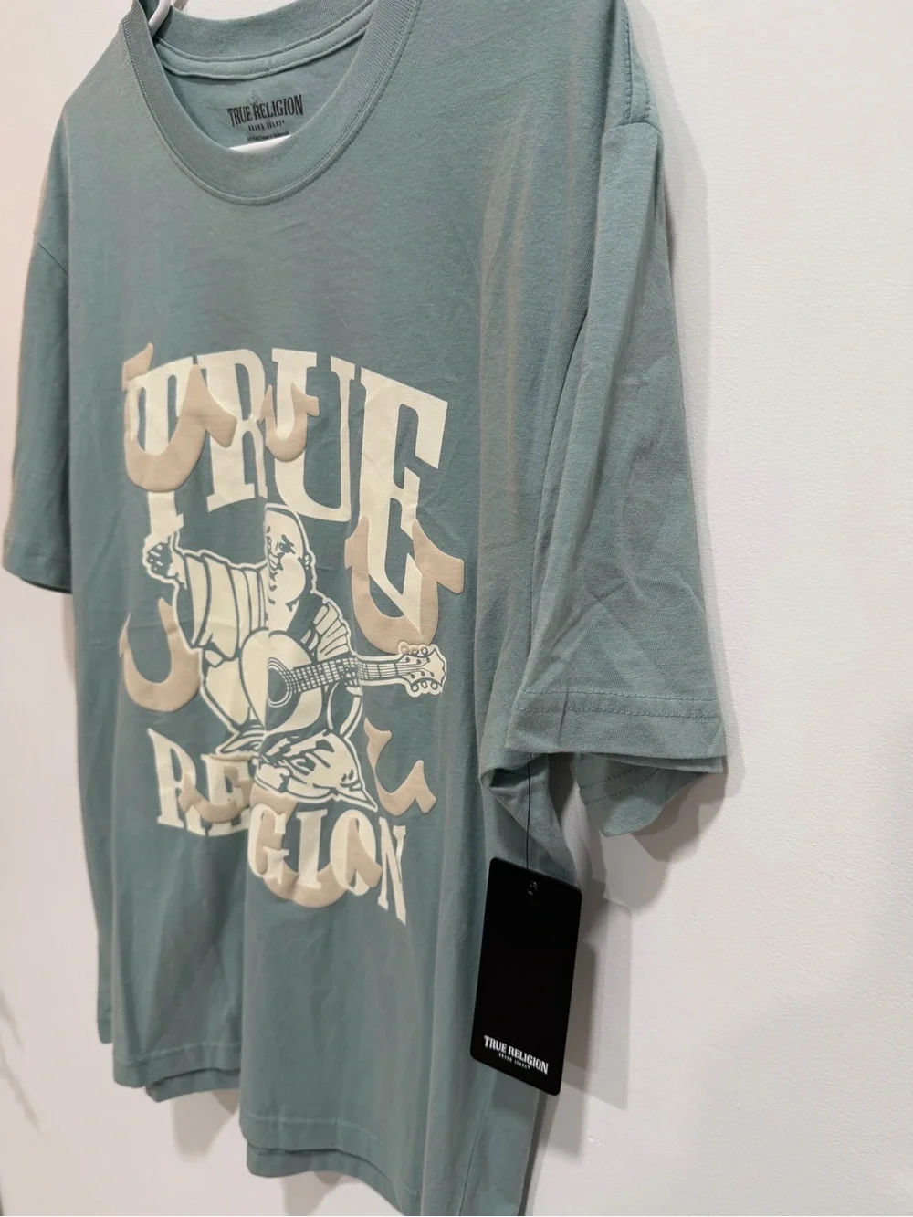 True Religion Sage Green Buddha Graphic Tee with Cream Print